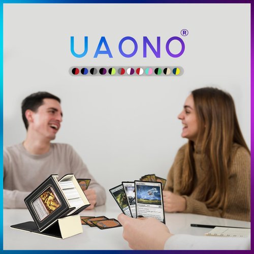 UAONO Card Deck Box with MTG Commander Display, Patented Design Card Deck Case Holds 100+ Double-Sleeved Cards, PU Leather Cards Storage Box For TCG with 2 Dividers, 1 Toploader (Black&Gold)