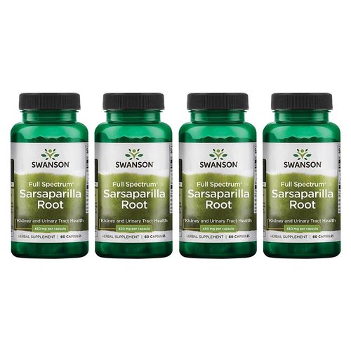 Swanson Sarsaparilla Root-Traditional Herbal Supplement Promoting Skin Health, Urinary Tract & Kidney Support-Natural Formula Supporting Overall Health & Wellness-(60 Capsules, 450mg Each) 4 Pack