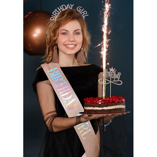 Docooniver Rose Gold Birthday Headband for Women,Birthday Girl Sash and Crown for Girls and Women,Birthday Gift for Her,Happy Birthday Cake Topper,Accessories for Birthday Decorations.