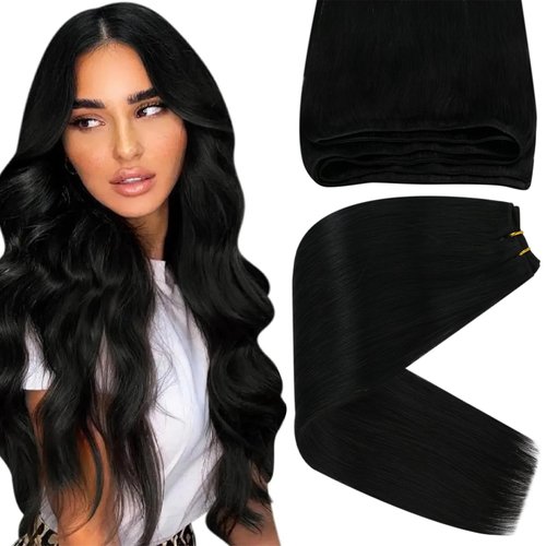 Sunny Black Sew in Hair Extensions 24inch Human Hair Weft Jet Black Hair Extensions Real Human Hair Sew in Black Weft Hair Extensions for Women Add Hair Length 100G