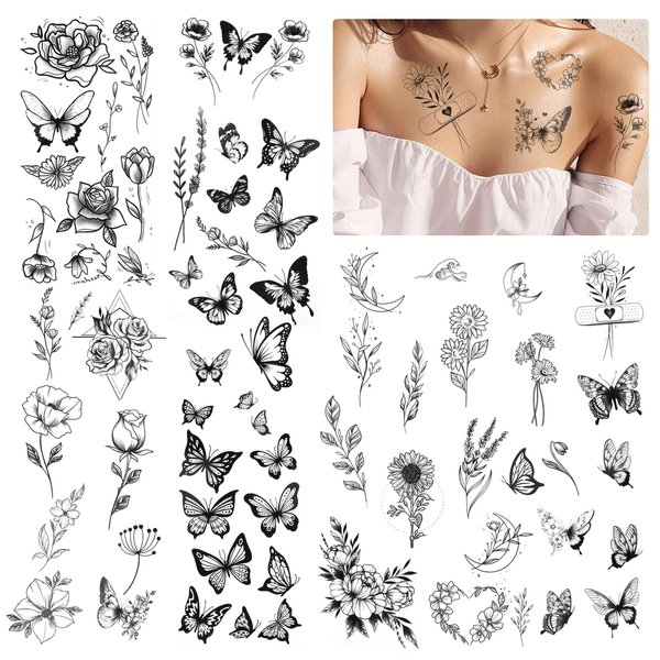 6 Sheet Butterfly Tattoos Temporary, Black Flower Long Lasting Temporary Tattoos, Realistic Waterproof Temp Tattoos for Adults, Fake Tattoos Stickers for Women Girl Floral Bouquet Wild Plant