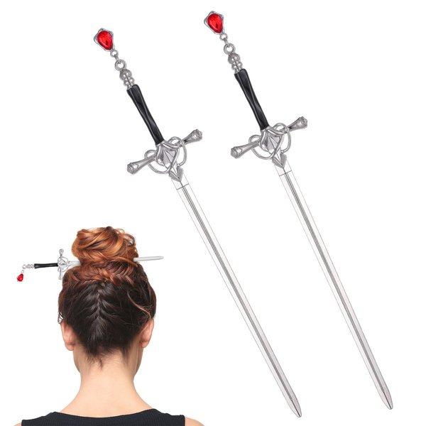 2pcs Sword Hair Sticks, Mabor Chinese Sword Hair Chopsticks Pins Stick for Buns, Chinese Hair Chopstick With Gems Sword for Women Girls Hair Accessories(Silver)