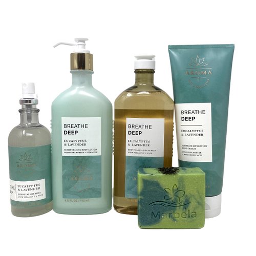 Bath & Body Works Aroma Breathe Deep Eucalyptus & Lavender Gift Set of 5 - Body Wash and Foam, Body Lotion, Essential Oil Mist and Body Cream with a Fresh Forest Bar Soap.