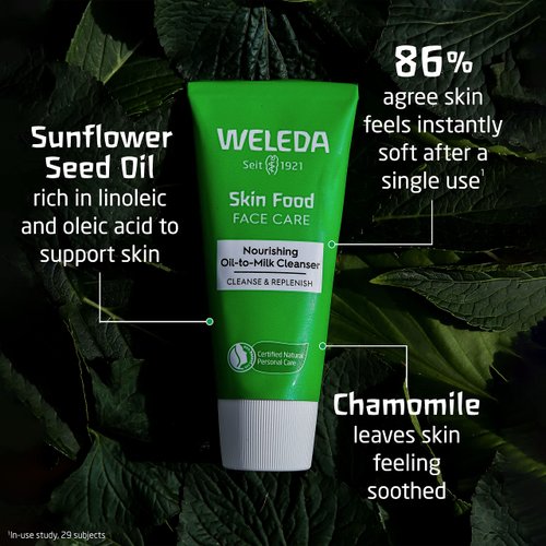 Weleda Skin Food Face Care Nourishing Oil-to-Milk Cleanser, 2.5 Fluid Ounce, Plant Rich Cleanser with Sunflower Seed Oil, Chamomile Extract and Pansy
