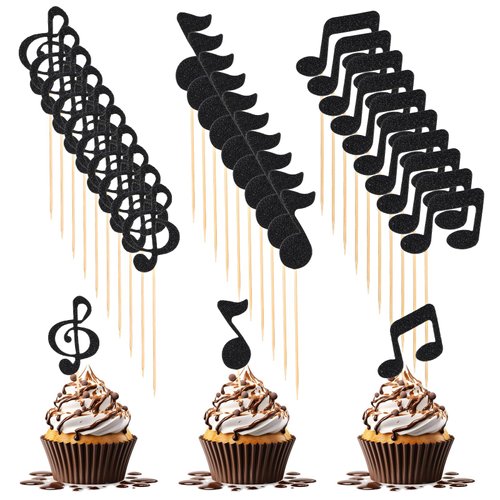 JJUNW 30Pcs Music Notes Cupcake Toppers, Music Notes Party Decorations, Black Glitter Musical Symbol Cupcake, for Rock Music Concert Theme Baby Shower Wedding Singer Birthday Party Supplies