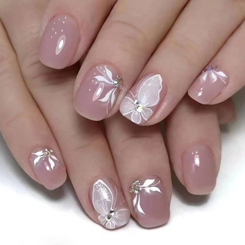 Press On Nails Short Square, Pink Butterfly Fake Acrylic Nails Press ons Medium, Fit Perfectly & Natural Stick On Nails in 12 Sizes - 24PCS Soft Gel Fake Nails Kit