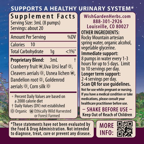 WishGarden Herbs Urinary Strength - Plant-Based Herbal Supplement with Cranberry, Uva Ursi & Usnea Supports Urinary Tract Health and Discomforts, Promotes Lymphatic Function, Microbial Balance, 4oz