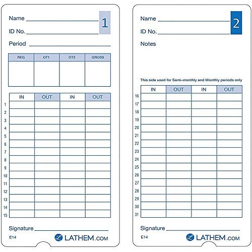 Lathem E14-100 Pack of 100 Time Cards, 2-Sided, for use with Lathem Model 400E Time Clock, 7" High