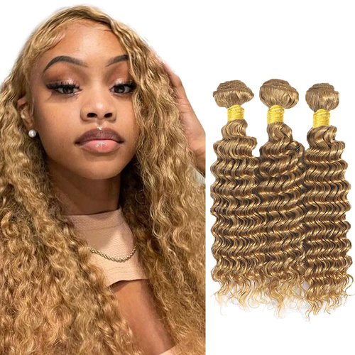 27 Deep Wave Bundles Human Hair Color 27 Bundles Human Hair 24 26 28 Inch Unprocessed Brazilian Virgin Hair 8A Grade Blonde Deep Wave Bundles Double Weft Weave Extensions Hair