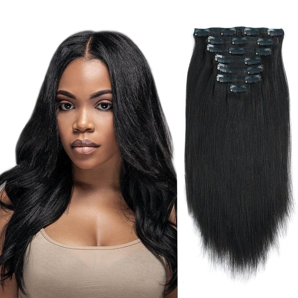 Lovrio Yaki Straight Clip in Human Hair Extensions Full Head Brazilian Virgin Hair Double Lace Wefts for Black Women, Natural Black 7 Pieces 120g with 17 Clips YK 16"