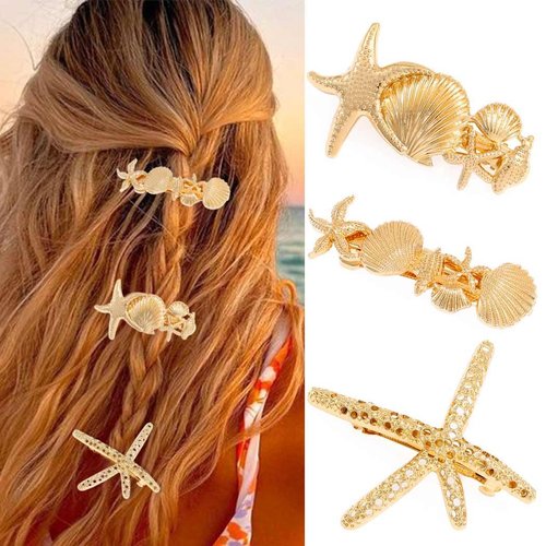 CAKURE Metal Starfish Hair Clips Gold Beach Hair Barrettes Boho Shell Hair Pins Decorative Hair Accessories for Women and Girls (Pack of 3)
