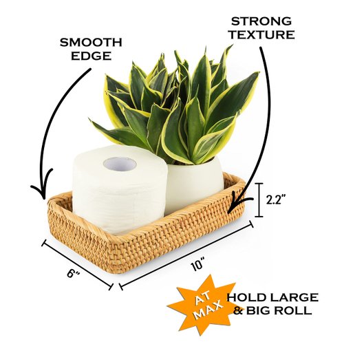 CELEZAR Rattan Toilet Tank Basket Woven Guest Towel Holder for Serving Organizing Bread Shelves 10 x 6 x 2 inches Bathroom Counter Organizers and Storage Decorative Wicker Tray (Honey Brown)