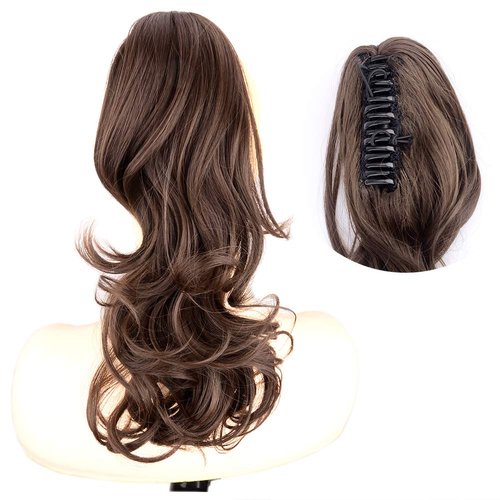 DIGUAN 13 Inches Ombre Claw Clip In Wavy Loose curly Synthetic Wrap Around Ponytail Extensions Short Pony Tail Clip In Extensions for Women Girl 4oz/115g (Medium Brown)
