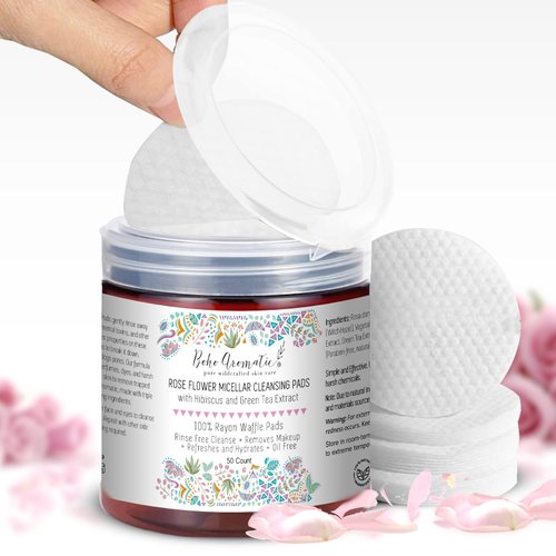 Rose Flower Micellar Cleansing Pads by Boho Aromatic, Micellar Facial Pads Cleansing, Makeup Remover Pads, Oil Free Facial Wipes, Pore Pads, Hypoallergenic, 50CT