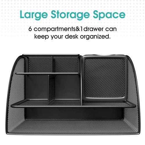 MaxGear Mesh Desk Organizer, Desktop Organizer with Drawer, Office Supplies Multi-Functional Caddy, Metal Stationary Black Desk Caddy, 6 Compartments, 8.7 x 5.5 x 5 inch, 1 Pack