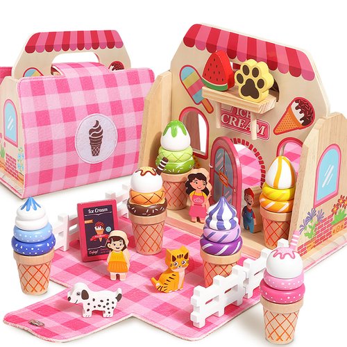 Migargle Wooden Ice Cream Shop Playset - Pretend Play Food & Kitchen Accessories for Kids Ages 3+, Portable Handbag Included, Ideal Christmas & Birthday Gifts for Girls and Boys