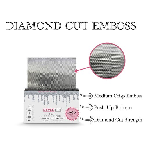 STYLETEK 5X11 Pop-Up Foil Sheets, Diamond Embossed, 400 Sheets per box, Aluminum Silver Foil, Salon Professional Hair Foil