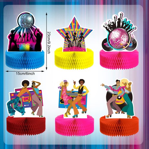 6 PCS Disco Party Decorations Supplies Disco Honeycomb Centerpieces Paper 70s 80s 90s Theme Party Decorations 3D Table Centerpieces for Neon Night Birthday Hip Hop Props Birthday Table Favors