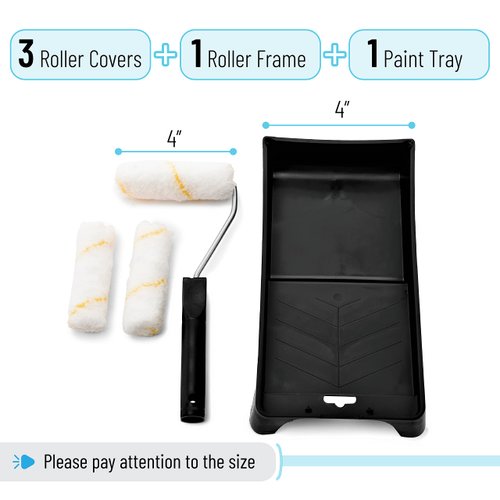 Bates- Paint Tray Set, 4 inch Paint Roller, Paint Tray, Foam Roller, Paint Roller Brush, Small/Mini Paint Roller, House Painting Supplies, Paint Roller Covers, Roller Frame, Roller Naps