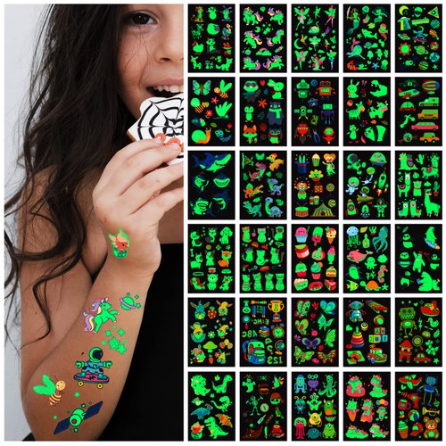 Awinmay 400Pcs Luminous Tattoos For Kids,Mixed Styles Temporary Tattoo Stickers,Glow In The Dark Tattoos for Boys and Girls,Mermaid Dinosaur Butterfly Fake Tattoos or more party makeup gifts 30 Sheets