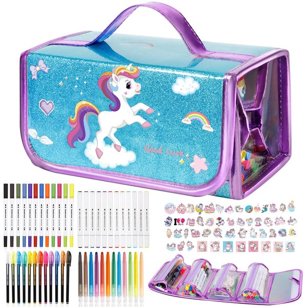 Kodvinp 99PCS Washable Markers for Kids with Glittery Pencil Case, Arts Crafts Drawing Set for Kids Ages 8-12, First Birthday Christmas Gifts for Girls 4 5 6 7 8 10 Years Old