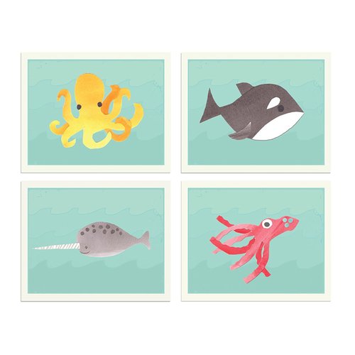 Sea Collection Set of Four 18x24 Inch Print Children's Wall Art Prints, Kid's Wall Art Print, Kid's Room Decor, Gender Neutral, Animal, Sea, Ocean, Marine Animal Baby Room Decor, Playroom Decor