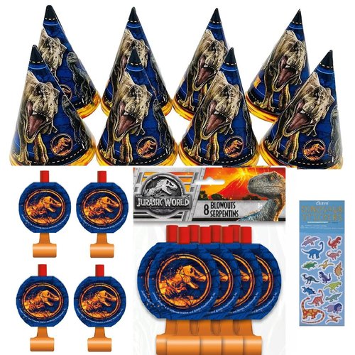 Unique Jurassic World Dinosaur Birthday Party Supplies Bundle Pack Includes 8 Party Hats, 8 Party Blowouts, 1 Dinosaur Sticker Sheet