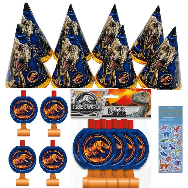 Unique Jurassic World Dinosaur Birthday Party Supplies Bundle Pack Includes 8 Party Hats, 8 Party Blowouts, 1 Dinosaur Sticker Sheet