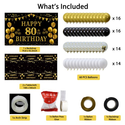 Trgowaul 80th Birthday Decorations Men Women - Black Gold Happy 80 Birthday Backdrop Banner, 2 Pcs Happy Birthday Tablecloth, 60 Pcs Latex Confetti Balloons, 80 Years Old Birthday Party Supplies Gifts