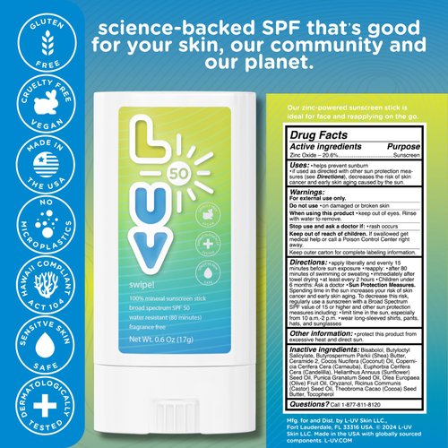 L-UV Swipe! SPF 50 Mineral Sunscreen Stick, Broad-Spectrum Protection Against UVA & UVB Rays, Perfect For Everyday Activities & Outdoor Adventures, Clear and Lightweight Sun Protection