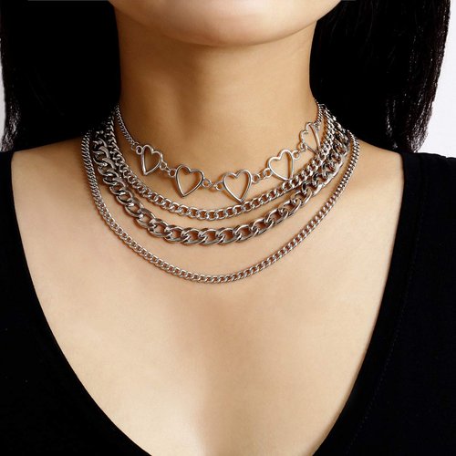 Simple Heart Necklace Lolita Choker Chain Layered Cuban Chunky Silver Chain Necklace for Women Men Girls Chic y2k Clothes Jewelry (Silver 1)