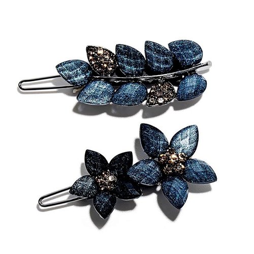 Metuynm Hair Clip, 2Pcs Ink Blue Flower Rhinestone Hair Barrettes, Sparkly Glitter Crystal Hair Clips Barrettes Crystal Beads Hairpin Shiny Decorative for Women Girls Bridal Hair Styling Accessories