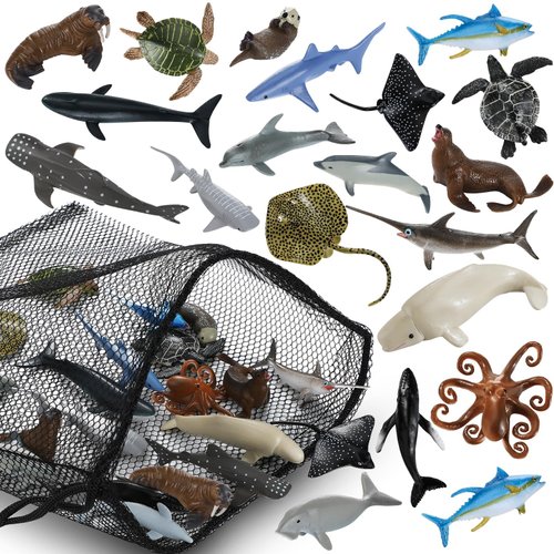 Civaner 20 Pack Realistic Shark Toys Ocean Animals Toys with Mesh Bag Assorted Sea Animal Toys Including Shark, Whale, Dolphin Bath Toys for Ocean Life Party Decor Party Favors for Daughter and Son