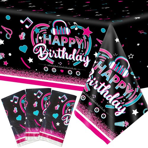 3 Pieces Music Party Tablecloth Happy Birthday Table Cover Decoration Music Note Social Media Themed Party Supplies Favor Disposable Plastic Tablecloth