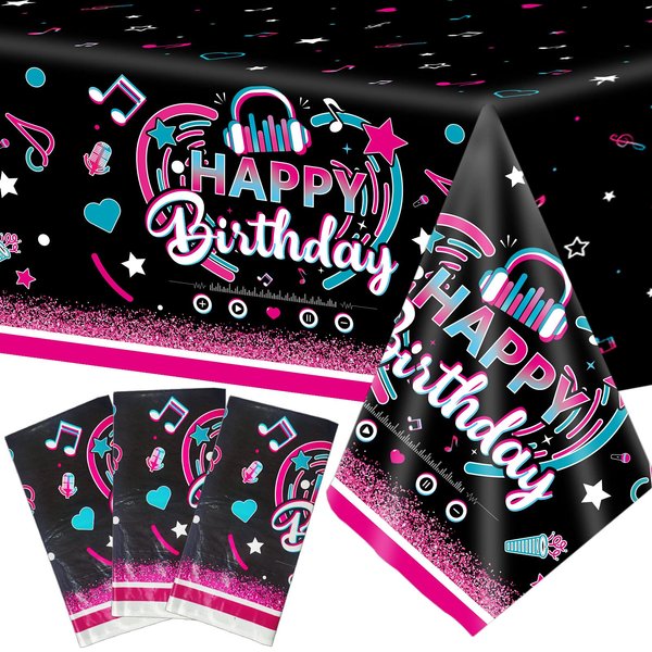 3 Pieces Music Party Tablecloth Happy Birthday Table Cover Decoration Music Note Social Media Themed Party Supplies Favor Disposable Plastic Tablecloth