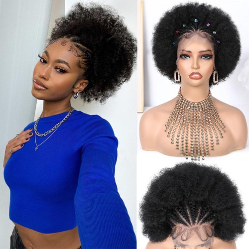 WIGER Braided Wigs for Black Women Braided Full Lace Wigs with Cornrow Glueless 13x4 Kinky Curly Wig Afro Puff Lace Frontal Hair Wigs Pre Plucked African American Wig for Daily