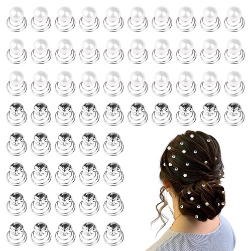 60 Pieces Spiral Rhinestone Hair Studs Gems Twists Coils Hair Clips Diamond Pearl Swirl Hair Pins Crystal Hair Jewels Accessories for Wedding Bridal Prom Party