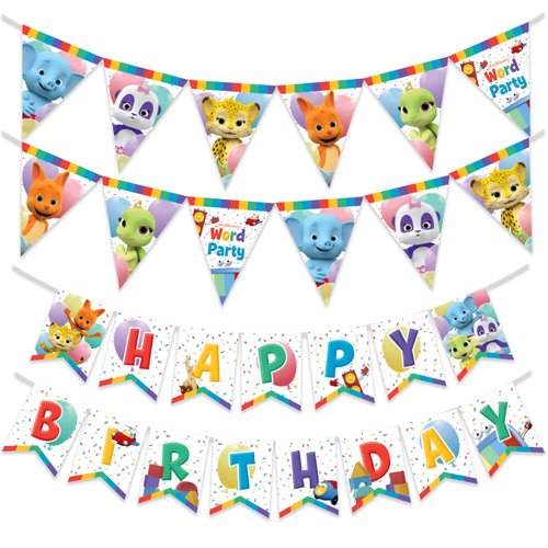 Treasures Gifted Officially Licensed Jim Henson’s Word Party Banners Set of 3 - (1) Word Party Birthday Banner & (2) Word Party Banner Triangle Pennants - Word Party Birthday Party Supplies