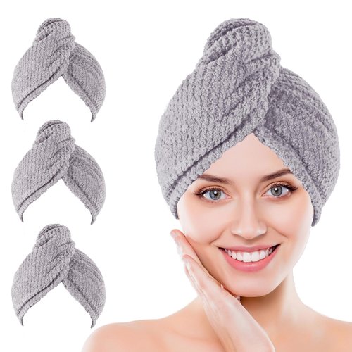 Kldnkig Microfiber Hair Towel Wrap, 3 Pack (Gray) Soft Hair Drying Towel, Hair Turban Towel Set Curly, Ultra Absorbent Twist Hair Turban Drying Cap Hair Wrap, Shower Cap & Hair Accessories for Woman
