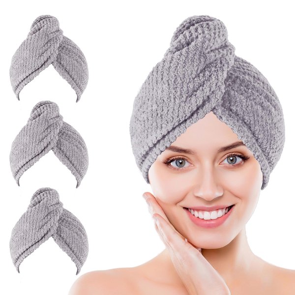 Kldnkig Microfiber Hair Towel Wrap, 3 Pack (Gray) Soft Hair Drying Towel, Hair Turban Towel Set Curly, Ultra Absorbent Twist Hair Turban Drying Cap Hair Wrap, Shower Cap & Hair Accessories for Woman