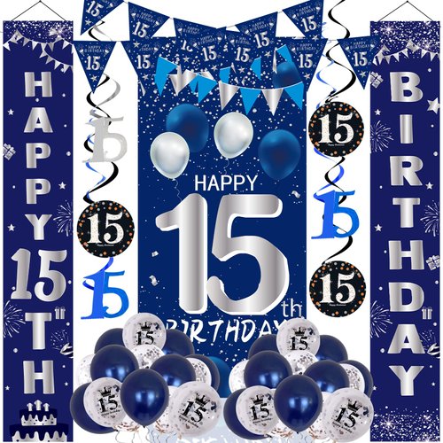 15th Birthday Decorations for Boys Girls, Navy Blue 15th Birthday Party Decorations Happy 15h Birthday Door Banner, 15 Year Old Porch Sign Party Supplies Boy Blue Bday Balloons Backdrop Hanging Swirl