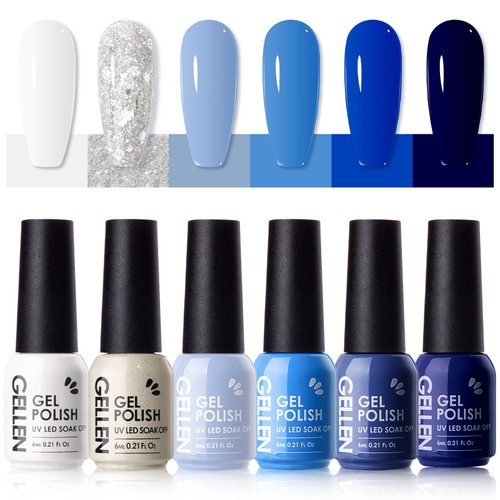 Gellen Gel Nail Polish Set, 6 Colors Blue Gel Polish White Glitter Nail Polish Set, Soak Off UV G...