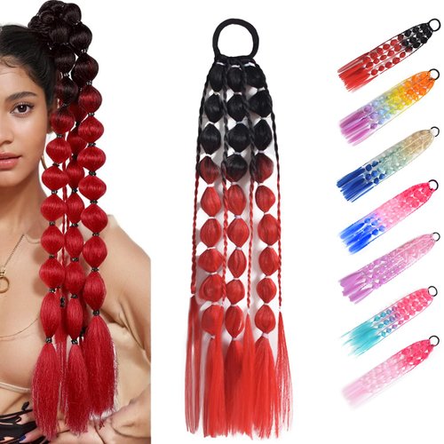 SHDanrtsey 20 Inch Colored Hair Extensions Colorful Bubble Ponytail Extensions Ombre Crazy Hair Day Accessories Colored hair extensions for kids (Black-red)