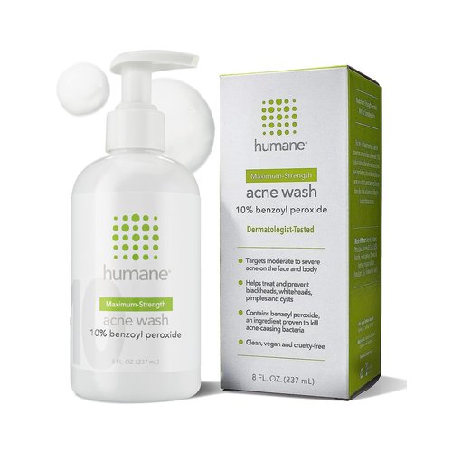 humane Maximum-Strength Acne Wash - 10% Benzoyl Peroxide Acne Treatment for Face, Skin, Butt, Back and Body - 8 Fl Oz - Dermatologist-Tested Non-Foaming Cleanser - Vegan, Cruelty-Free