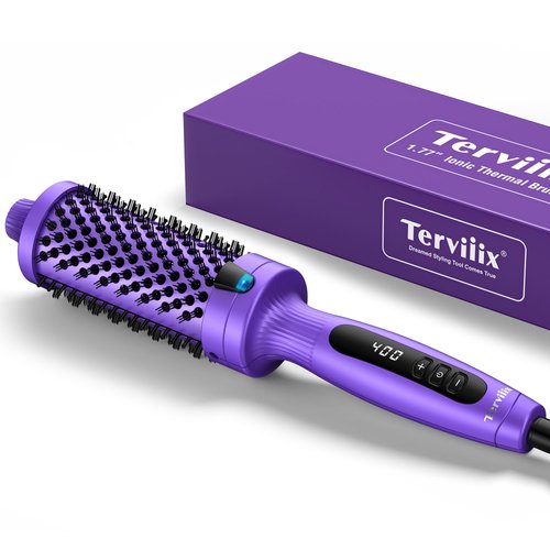 Terviiix 1.77 Inch Thermal Brush, Double MCH Ceramic Hot Brush Tourmaline Ionic 2 in 1 Heated Hair Curling Wand Brush, Digital Display 9 Temperatures Curling Iron Dual Voltage for Long Hair