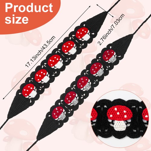 PAGOW 2Pcs Crochet Headbands for Women, Hippie Mushroom Crochet Hair Bandana, Vintage Handmade Knit Hairband Breathable Head Wrap for Girls(White+Black)