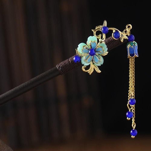 Blue Chinese Hair Stick, Vintage Wooden Hairpin, Handmade Flower Hair Chopsticks with Tassel, Hai...