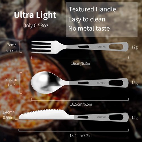 OUTXE Titanium Flatware Polished Knife Fork Spoon Set Lightweight Ti Camping Utility Cutlery Set with Carrying Bag for Traveling Picnic Hiking
