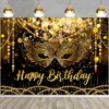 7X5FT Black and Gold Glitter Happy Birthday Backdrop Masquerade Mask Party Decorations Supplies Banner Masquerade Theme Carnival Dancing Photography Background