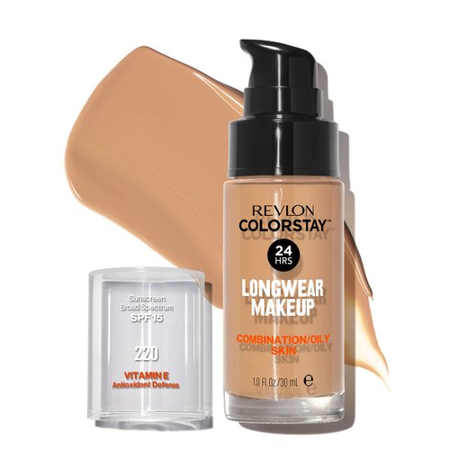 Revlon ColorStay Liquid Foundation for Combination & Oily Skin, Face Makeup Stocking Stuffers for Women, SPF 15, Medium-Full Coverage, Matte Finish, Natural Beige ((220), 1.0 Oz